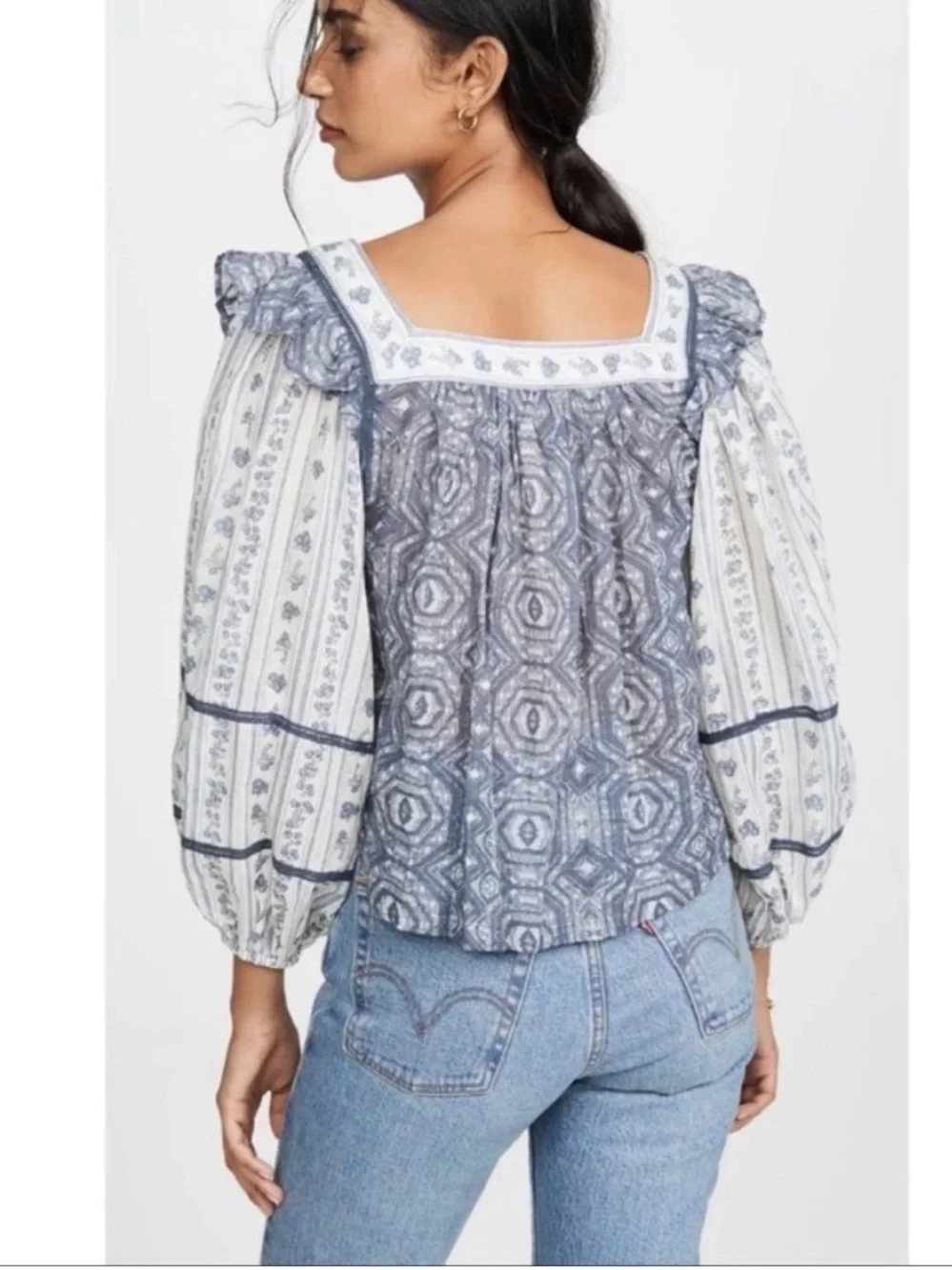 Free People Mostly Meadow Blouse Small Blue White Peasant Summer Cottagecore